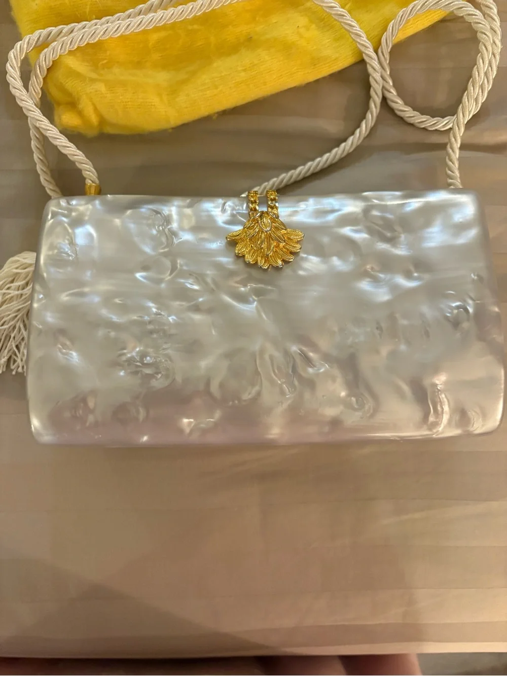 Vintage Beoni Lucia Italian Rhodoid Evening Bag in White with Gold Accent